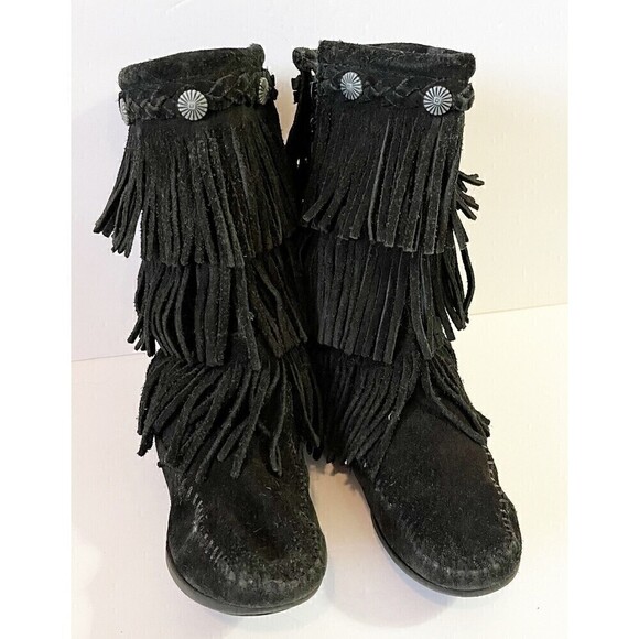 Minnetonka Moccasin Girls Black Boots 3 Layer Fringe Sz 12 Syle 2659 Leather - Picture 6 of 12